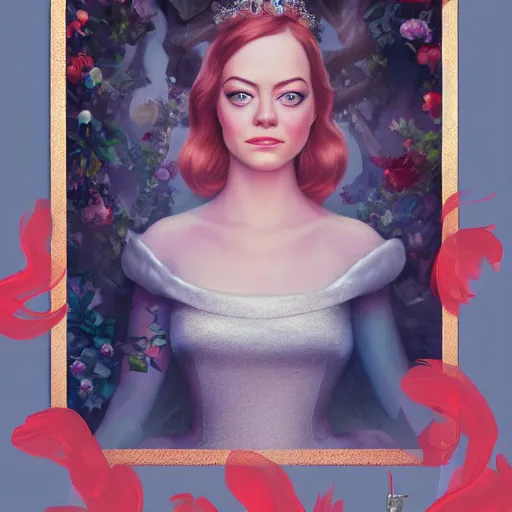 Image similar to digital painting of Emma Stone as a Disney princess wearing snow white's dress, Pixar style, professional studio lightening, volumetric lightening, photorealism by Tristan Eaton Stanley Artgerm and Tom Bagshaw