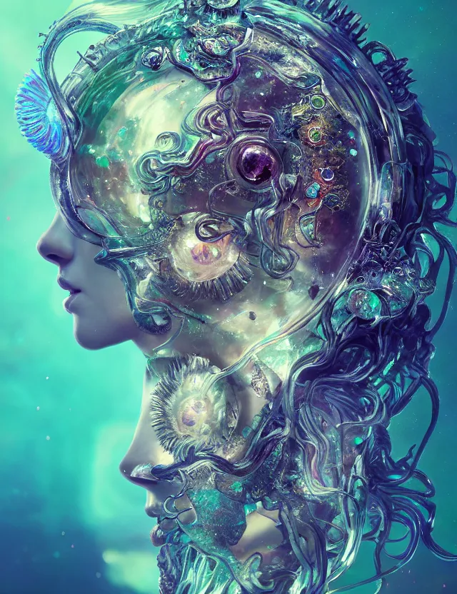 Prompt: goddess macro close - up portrait in crown made of ram skull. betta fish, jellyfish phoenix, bioluminiscent, plasma, ice, water, wind, creature, super intricate ornaments artwork by tooth wu and wlop and beeple and greg rutkowski