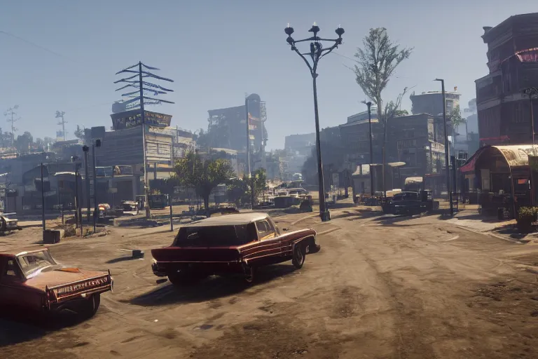 Image similar to A huge modern city in red dead redemption 2, cars instead of horses, no horses, cars, modern