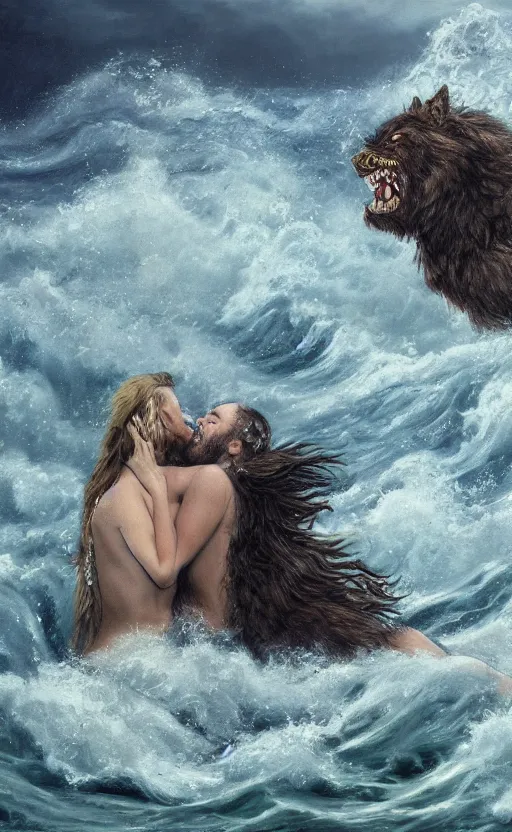 Prompt: amazing detailed painting of a monstrous hairy werewolf and beautiful woman kissing passionately laying in a turbulent ocean, by francis bacon. they are swept away by the waves, waves come cover them. sensual. hd. hq. powerful brustrokes. trending on artstation. photorealistic