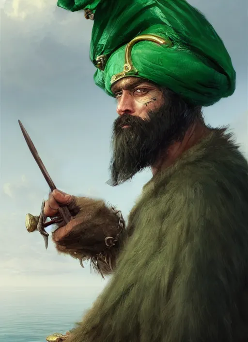 Image similar to ratlike human with beard, serious, mean eyes, wearing jewelry, tricorne hat, green robe, d & d, digital art, detailed face, highly detailed, trending on artstation, 4 k, sea in the background, art by greg rutkowski