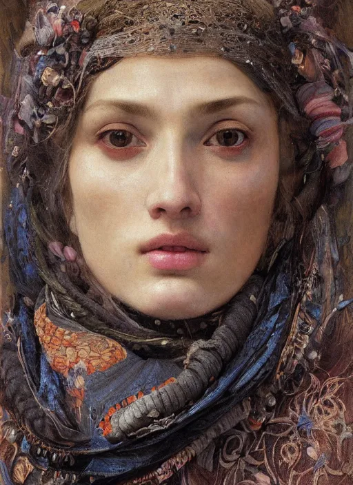 Prompt: close - up portrait of a beautiful woman wearing a scarf and a balaclava with intricate psychodelic patterns, by edgar maxence and caravaggio and michael whelan and delacroix style, artistic, intricate drawing, light brazen, realistic fantasy, extremely detailed and beautiful aesthetic face, establishing shot, 8 k resolution, dramatic lighting