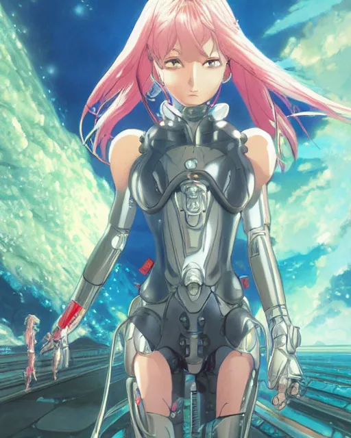 Image similar to fantasy girl, cybernetic enhancements, art by makoto shinkai and alan bean, yukito kishiro