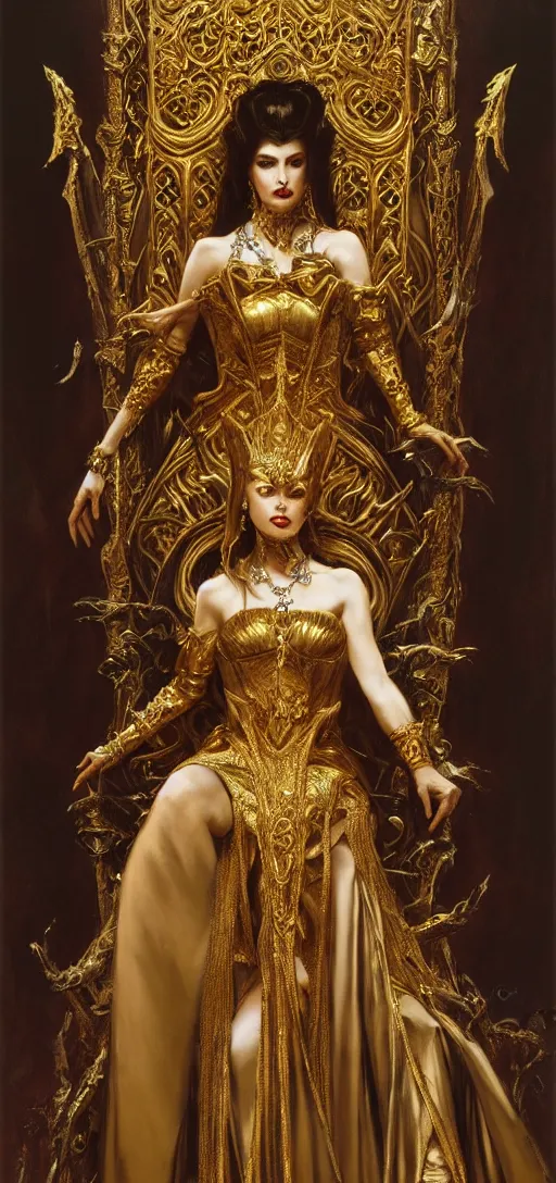 Image similar to full body portrait of beautiful vampire queen in gold gothic robes sitting on a throne of bones, elegant, highly detailed painting by gaston bussiere, craig mullins, j. c. leyendecker, 8 k, mid shot