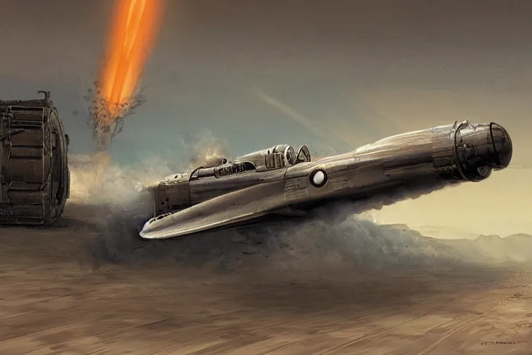 Prompt: dieselpunk digital illustration of a rocket car breaking the sound barrier across salt flats by craig mullins