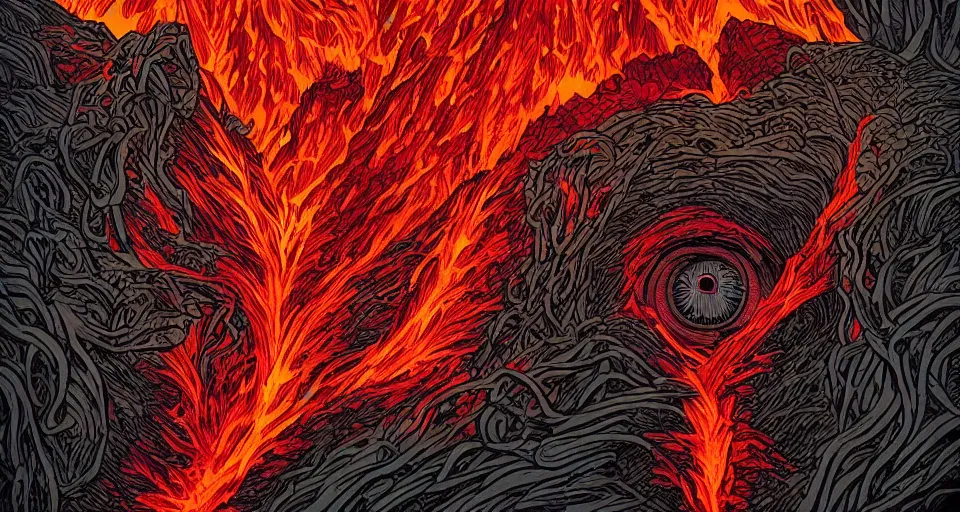 Image similar to a volcano made of ivory vines and crimson rocks enters in eruption, it spits a smoke in the shape of demonic eye, by Dan mumford,