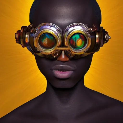 Image similar to colourful vfx upper half - portrait - art of a nigerian boy wearing steam punk goggles, art by stanley artgem lau & tenmyouya hisashi, digital render, digital illustration, concept art, caricature, volumetric light, ray tracing, symmetrical, unreal engine, octane 3 d render, sharp, detailed, intricate detail, pinterest, behance, art station,