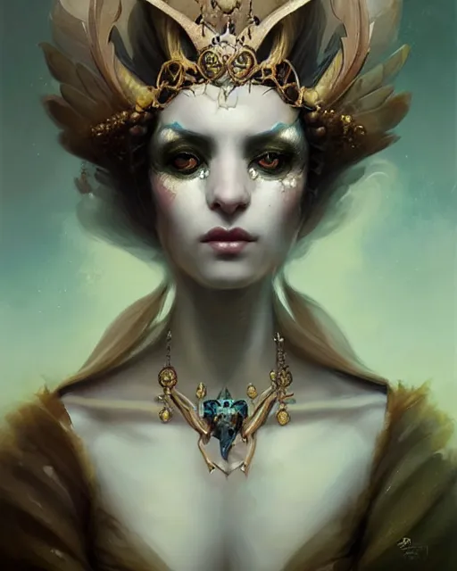 Prompt: a fantasy owl queen, beauty portrait by peter mohrbacher, tom bagshaw, greg rutkowski, wlop, ruan jia, opulent costume inspired by iris van herpen