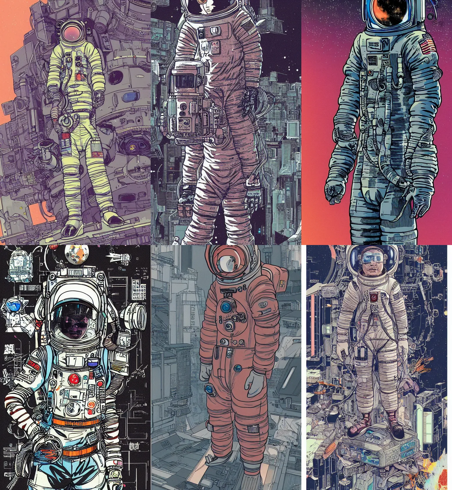 Prompt: a detailed, clear illustration of a cyberpunk astronaut in style of katsuhiro otomo, pastell colours