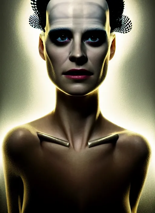 Image similar to smooth healthy skin, glowing complexion, high key lighting, portrait of kristen mcmenamy as a beautiful gentle futuristic bride of frankenstein, kintsugi, modern fine art, fractal, intricate, elegant, highly detailed, digital photography, subsurface scattering, by jheronimus bosch and greg rutkowski