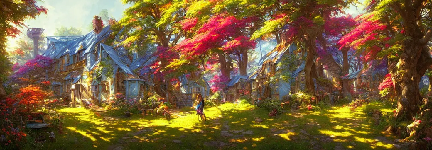 Prompt: forest cottage, sunny day, vibrant colors, intricate mural, highly detailed, digital painting, trending on artstation, sharp focus, illustration, art by artgerm and greg rutkowski and magali villeneuve