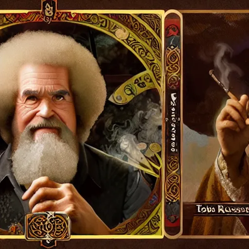 Image similar to an ultra detailed tarot card of bob ross smoking a pipe and dressed as a fantasy bard, d & d, epic fantasy, concept art by alphonse mucha and greg rutkowski, octane render, 8 k, detailed face