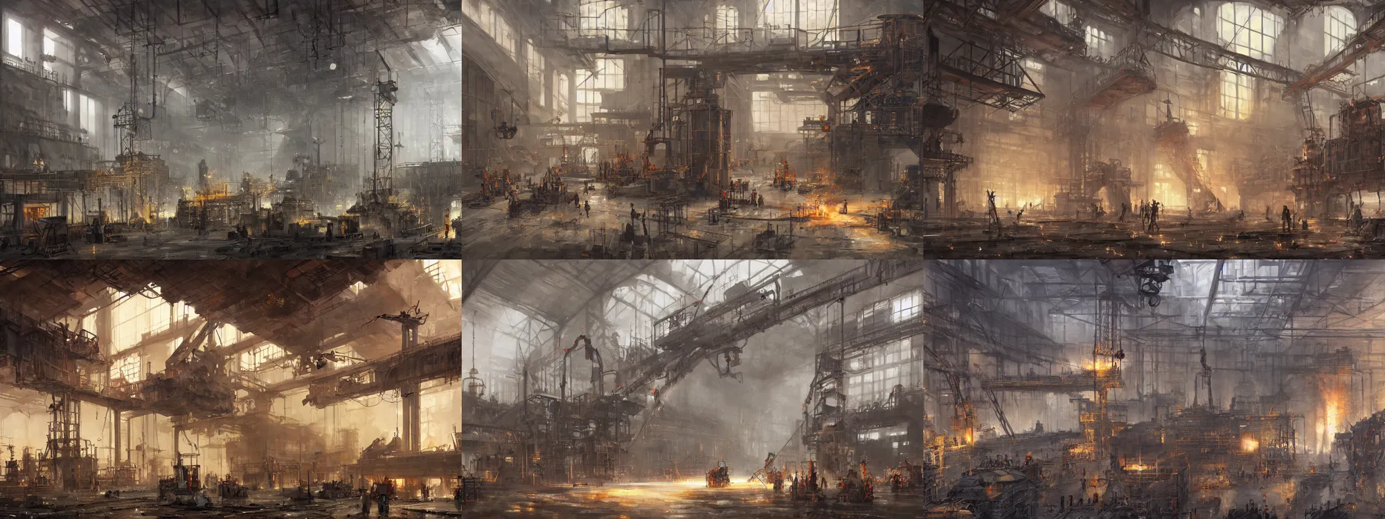 Prompt: interior of heavy steel foundry with cranes and engineers, papyrus, watercolored, jakub rozalski, bright colours, dieselpunk, concept art, trending on artstation