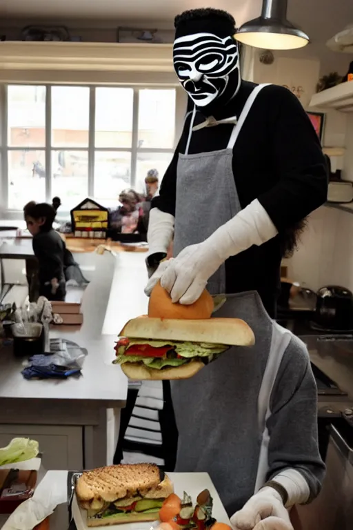 Prompt: a schoolboy in a Guy Fawkes mask v for vendetta makes sandwiches on the kitchen table