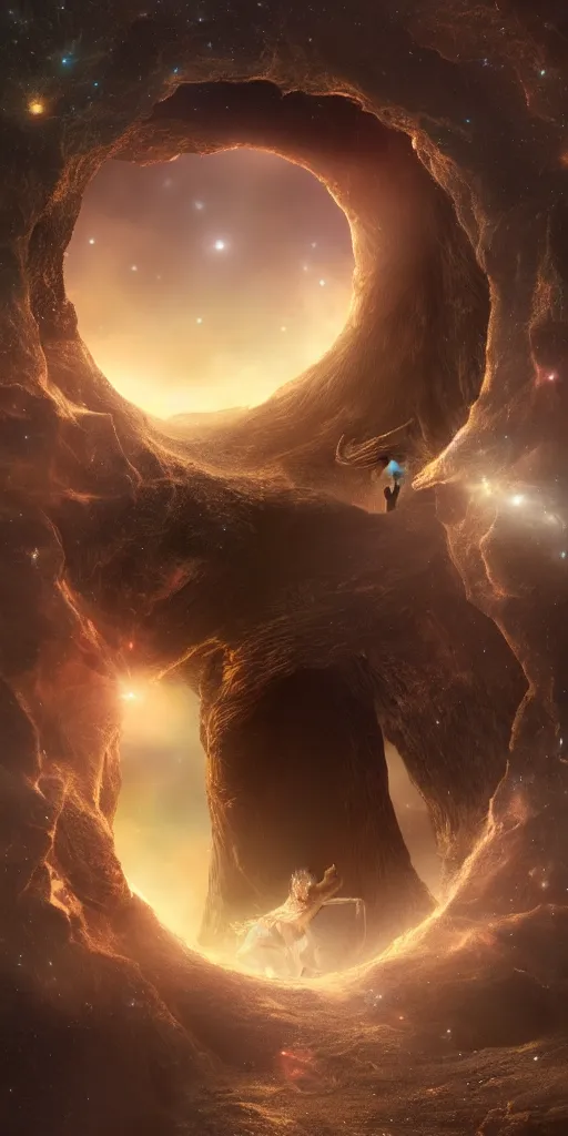 Prompt: a deer peering into a giant portal into the universe in the shape of a keyhole to the nebulae and galaxies, an eagle flying, beautiful matte painting by weta workshop 4 k, cinematic dramatic atmosphere, dramatic lighting, trending on artstation