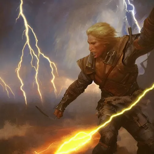 Prompt: a man with short blonde hair blasting lightning bolts from his fingertips at his enemy in battle. detailed matte painting. masterpiece. 4 k. fantasy art. by craig mullins. franzetta. repin