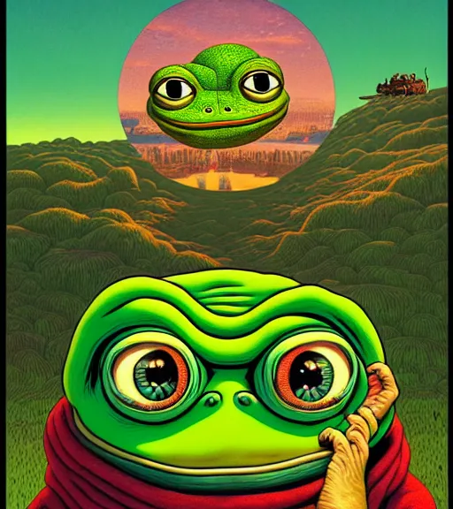 Prompt: portrait of pepe the frog in summer dawn, in comic style by matt furie, positive atmosphere, cool vibes, norman rockwell, tim hildebrandt, bao phan, bruce pennington, larry elmore, oil on canvas, deep depth field, masterpiece, cinematic composition, hyper - detailed, hd, hdr