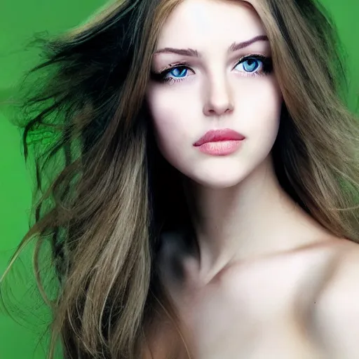 Prompt: longer hair, identical picture, smaller nose, smaller mouth, feminine female, soft skin, proportionate body parts, small shoulders, big breasts, diamond shaped face, attractive, big green eyes