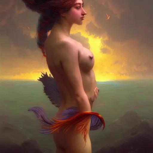 Image similar to a beautiful stunning interesting detailed fantasy whimsical matte digital portrait illustration of a mermaid with turqoise hair, yellow-orange and red-violet sunset, spectacular sunset, in the style of William Adolphe-Bouguereau and Marc Simonetti and Ross Tran, magic the gathering, trending on artstation hq, contest winner