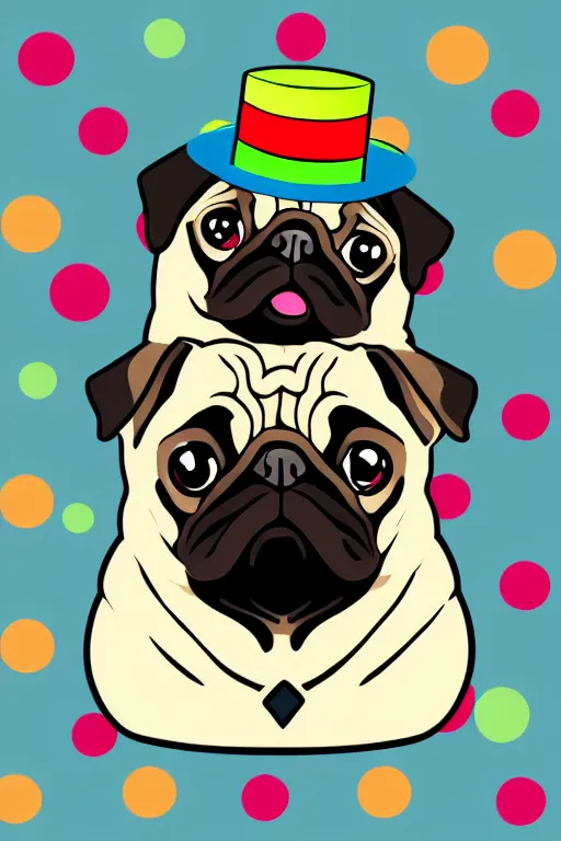 Prompt: A portrait of a pug with a top hat, sticker, colorful, illustration, highly detailed, smooth and clean vector curves, no jagged lines, vector art, smooth