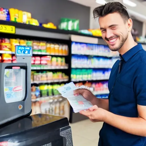 Prompt: a photostock image of a smiling photogenic cashier at a convenience store handing the customer the lottery ticket they purchased