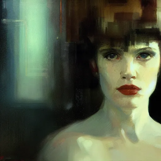 Prompt: portrait of rachael from bladerunner by jeremy mann and edward hopper