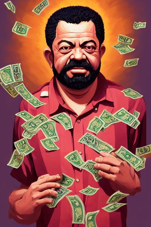 Image similar to a highly detailed beautiful portrait of Luiz Inácio Lula da Silva in Hell wearing a hawaiian shirt, counting money in front of people, highly detailed, 2d game fanart behance hd by Jesper Ejsing, by RHADS, Makoto Shinkaih and Lois van baarle, ilya kuvshinov, rossdraws global illumination, cinematic , hyper-reslistic, depth of field, coherent, high definition, 8k resolution octane renderer, artstation