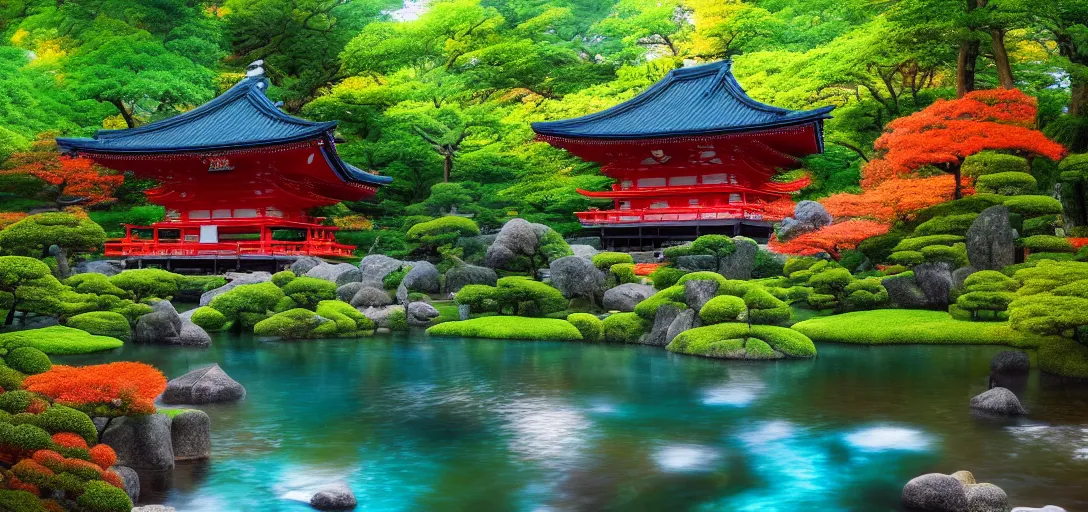 beautiful view of a fantasy japanese forest temple | Stable Diffusion