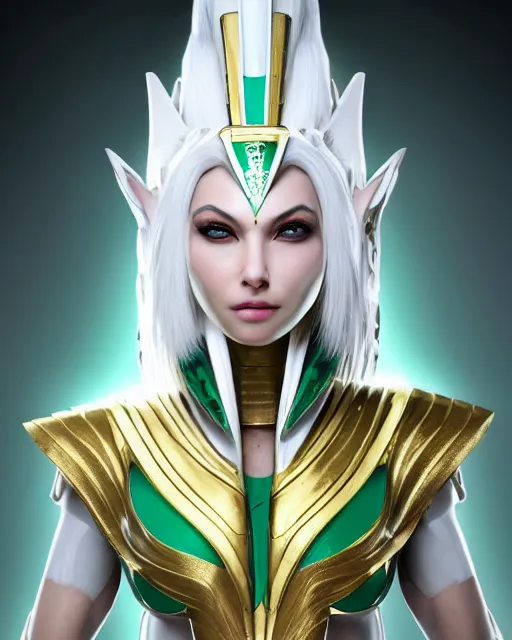 Image similar to perfect white haired attractive egyptian goddess, warframe armor, pharaoh headdress, beautiful, symmetric, dreamy, half asian, pretty face, green eyes, charlize theron, detailed, scifi platform, laboratory, experiment, 4 k, ultra realistic, epic lighting, android body, illuminated, cinematic, masterpiece, art by akihito tsukushi, voidstar