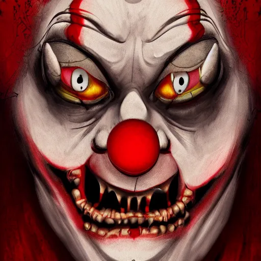 Image similar to Scary clown, horror, terrifying, terror, digital art, trending on artstation, creepy-pasta, 8k