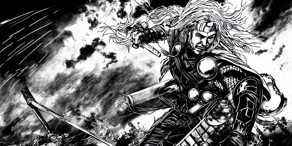 Image similar to thor with blond hair catches lightning and holds an ax in an epic battle with storm clouds with faces monsters by tsutomu nihei, black and white, epic battle background, comic, cinematic