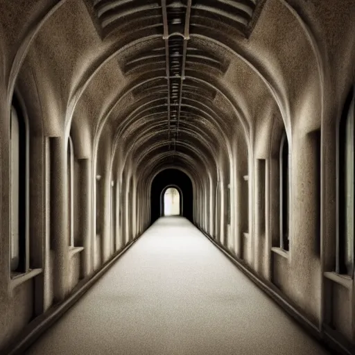 Image similar to a long shadowy asylum hallway at night, arched ceiling, one point perspective, vanishing point, symmetrical composition, rich colors, dramatic lighting, by lee madgwick, photorealistic, v - ray render 8 k uhd