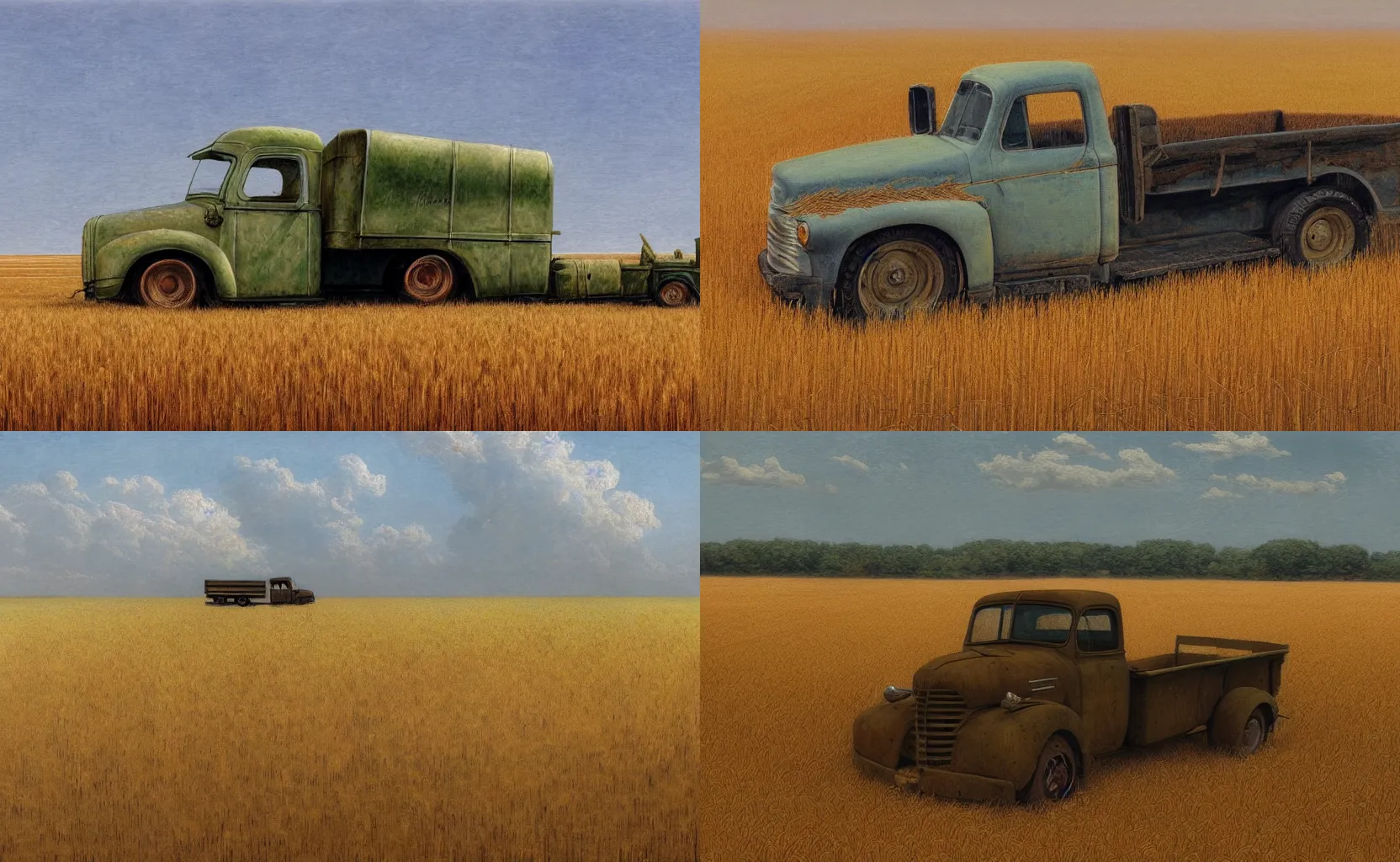 Prompt: a matte painting of an old truck in a field of wheat by james gurney and moebius, trending on artstation