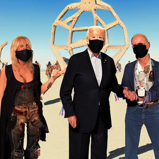 Prompt: photo of evil Joe Biden attending burning man with ecofeminist xenofeminist Donald Trump and a catboy Nick Land, photorealism, extremely detailed, soft lightning, playa, HD