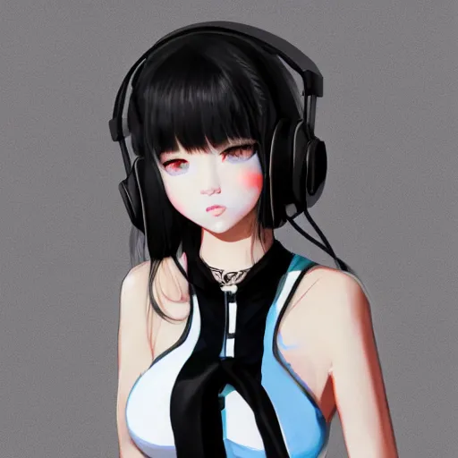 Image similar to realistic teasing detailed semirealism beautiful gorgeous cute Blackpink Lalisa Manoban white hair white cat ears blue eyes, wearing black camisole outfit, headphones, black leather choker full HD 4K high resolution quality WLOP, Aztodio, Taejune Kim, Guweiz, Pixiv, Instagram, Artstation