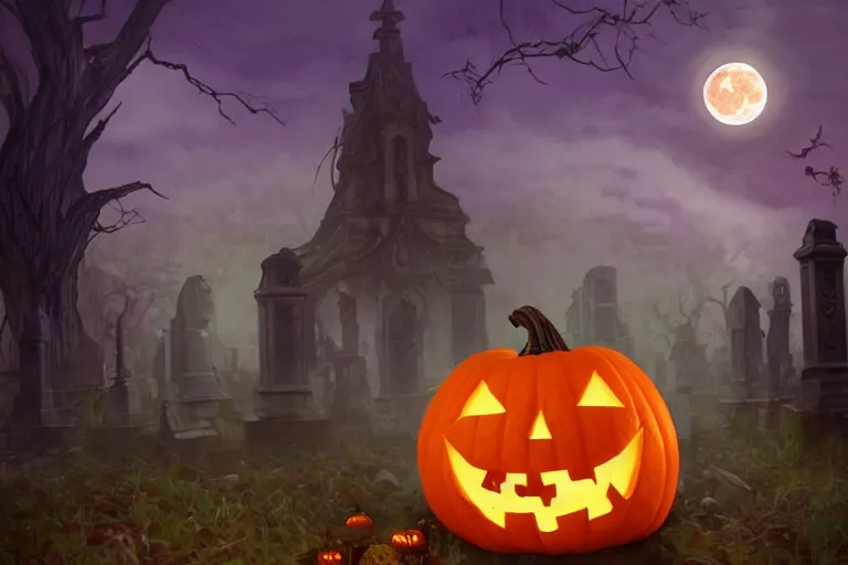 Prompt: an ultra detailed animation of a jack o'lantern in a graveyard at midnight on halloween, digital art, dark fantasy, concept art, soulslike, by alphonse mucha, blood moon eclipse, ruined building in the background, artstation, 8 k, unreal engine render