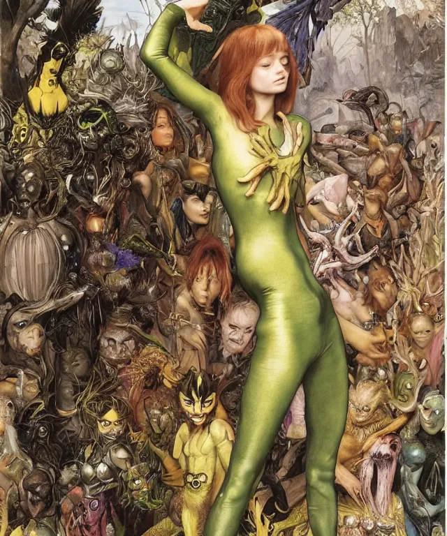 Image similar to a portrait photograph of a harpy x - men with slimy skin being transformed into a beautiful alien. she looks like sadie sink and is wearing a colorful infected sleek organic catsuit. by donato giancola, hans holbein, walton ford, gaston bussiere, peter mohrbacher and brian froud. 8 k, cgsociety, fashion editorial