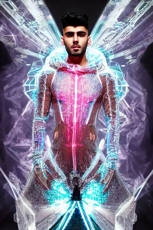 Image similar to full-body baroque and cyberpunk low-poly crystalline sculpture of attractive muscular iridescent Zayn Malik as a humanoid deity wearing a thin see-through plastic hooded cloak sim roupa, posing like a superhero, glowing pink face, crown of white lasers, large diamonds, swirling black silk fabric. futuristic elements. oozing glowing liquid, full-length view. space robots. human skulls. throne made of bones, intricate artwork by caravaggio. Trending on artstation, octane render, cinematic lighting from the right, hyper realism, octane render, 8k, depth of field, 3D