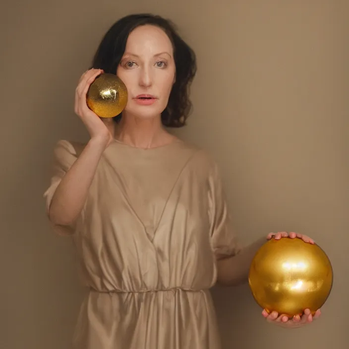 Prompt: a closeup portrait of a woman wrapped in plastic, standing next to a levitating gold orb, in a suburb, color photograph, by vincent desiderio, canon eos c 3 0 0, ƒ 1. 8, 3 5 mm, 8 k, medium - format print