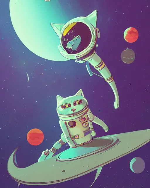 Prompt: wide shoot portrait of cat cosmonaut lie relaxed on a crescent moon between the stars and the planets in outer space, cosmonaut post grunge concept art,high detail,4k, trending on artstation by josan gonzalez, wlop and tyler edlin