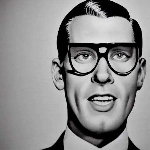 Prompt: A photograph portrait of Jerma985 with slicked back hair wearing 1950s menswear and glasses in the 1950s, taken in the early 1950s, grainy, taken on a 1950s Kodak Camera, realistic, hyperrealistic, very realistic, highly detailed, very detailed, extremely detailed, detailed, digital art, trending on artstation