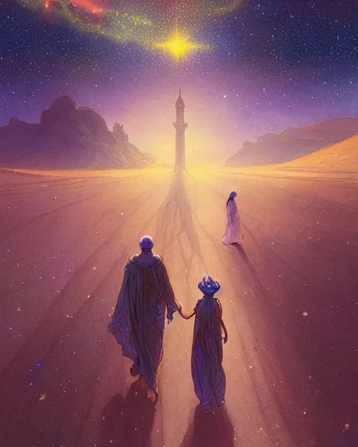 Image similar to bedouin man and woman and child in galaxy walking towards mosque surrounded by nebula, highly detailed, gold filigree, romantic storybook fantasy, soft cinematic lighting, award, disney concept art watercolor illustration by mandy jurgens and alphonse mucha and alena aenami, pastel color palette, featured on artstation