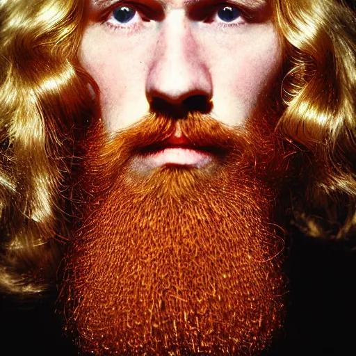 Prompt: 8k portrait photograph of 20 year old man named Carter Manson with long blond hair and red beard. Arnold Newman. Dramatic.