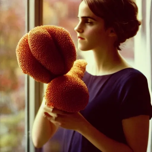 Image similar to Photograph of Emma Watson holding a plumbus by the window. Golden hour, dramatic lighting. Medium shot. CineStill