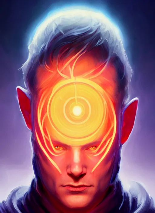 Prompt: full face epic portrait, male wizard with glowing eyes, elden ring, matte painting concept art, midjourney, beautifully backlit, swirly vibrant color lines, majestic, cinematic aesthetic, smooth, intricate, 8 k, by ilya kuvshinov, artgerm, darius zawadzki and zdizslaw beksinski