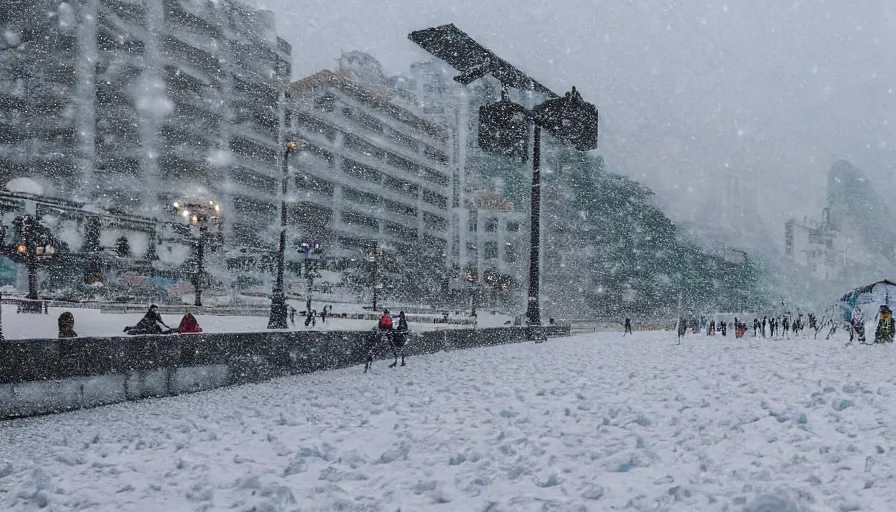 Prompt: the city of rio de janeiro covered in snow, winter photograph, snowing, view from copacabana beach, 4 k, award winning photograph, beautiful, trending on instagram