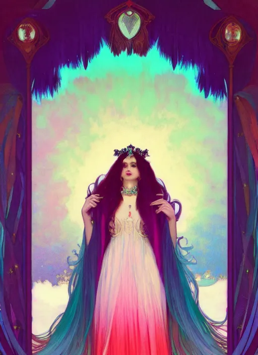 Image similar to ombre velvet gown, feathers, vivid colors, lovely dark winter princess, portrait, long hair, tiara, jeweled choker, by alphonse mucha, brom, greg rutkowski, anato finnstark, global illumination, radiant light