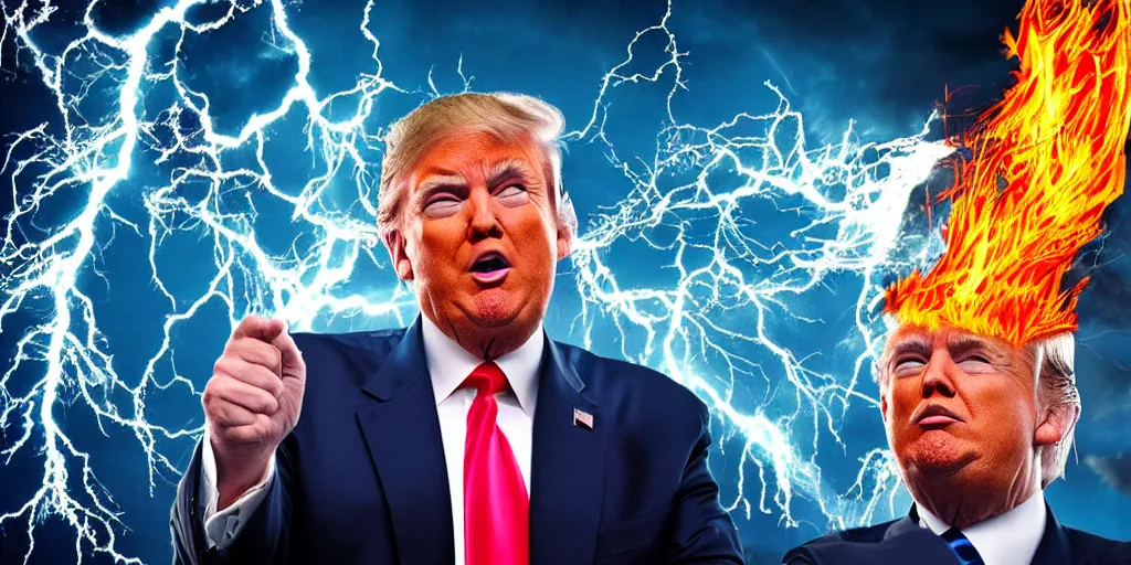 Prompt: donald trump casting fireballs, colorful hd picure, lightning in the background