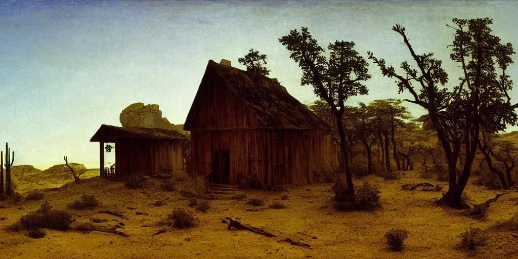 Image similar to An overgrown wood cabin in the middle of a desert, painting by Caspar David Friedrich, Caravaggio, highly detailed,