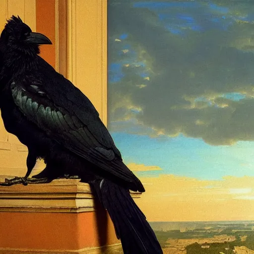 Image similar to a beautifully photoreal clear detailed victorian portrait of a close up raven on a victorian sill with an ornate velvet teal curtain at beautiful sunset daytime nature sunlit painting by frederic leighton and turner and rosetti, 8 k, octane render